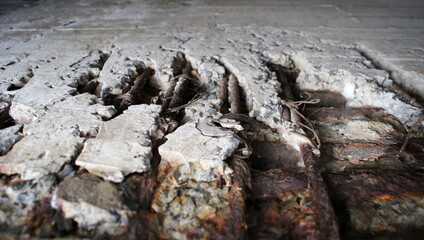 Cracked concrete wall background. Cavities in concrete with corrosion on reinforcing bars.
