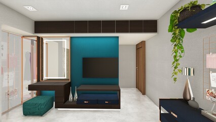 Dark Theme cozy bedroom interior with dressing table in teal green and gold accents 3D rendering