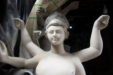 Clay idol of Goddess Durga, under preparation for Bengal's Durga Puja festival at Kumartuli Kolkata.