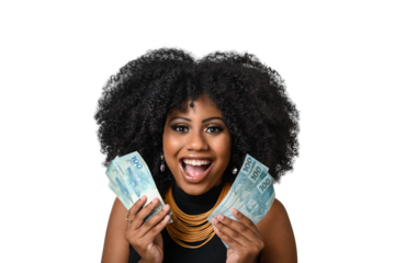 young black woman smiling holding brazilian money bills, positively surprised, space for text, person, advertising concept	