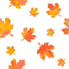 Watercolor illustration, seamless pattern with falling yellow and orange Canadian maple leaves. Background with autumn. Natural style. For decor, design. Template for printing on paper, packaging