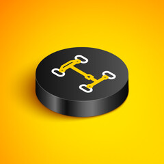 Isometric line Chassis car icon isolated on yellow background. Black circle button. Vector
