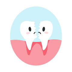 Broken cracked tooth in cartoon flat style. Vector illustration of disgruntled split teeth character, dental care concept, oral hygiene