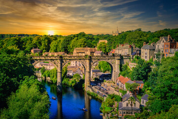 Landscape of Railway viaduct over the River Nidd at sunset in Knaresborough, North Yorkshire,...