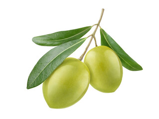 Two green olives with leaves isolated on white background. Clipping path.