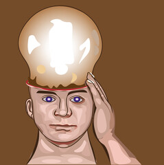 The human head is connected with a neon light on it

