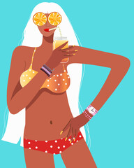 Vector summer illustration of a girl in a swimsuit with a cocktail, fresh, juice, smoothie in her hand, glasses in the form of orange, tangerine, summer vibes, summer party, vacation mood.