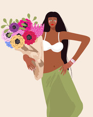 Vector summer illustration of a girl in a swimsuit and a pareo, with a bouquet of flowers, summer vibes, summer party, summer birthday, vacation mood.