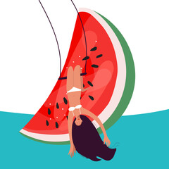 Tiny girl flyes upside down on a swing against the background of a huge watermelon slice, summer mood, summer vibes, organic, healthy food, vitamins, freedom, food, ocean beach, hang on your knees.