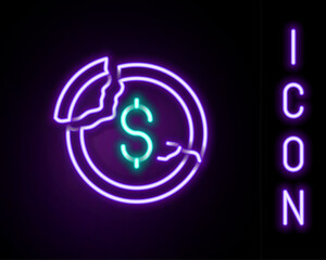 Glowing neon line Dollar rate decrease icon isolated on black background. Cost reduction. Money symbol with down arrow. Business lost crisis decrease. Colorful outline concept. Vector