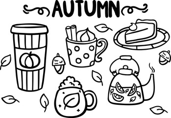 Doodle autumn set, hand drawn cups of tea. Sketch,freehand minimalistic design, child drawing.Isolated.