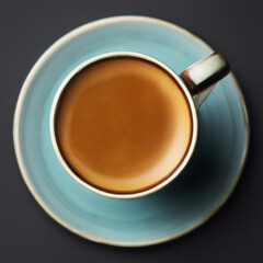 Cup full of freshly brewed coffee on a saucer top view on a gray background