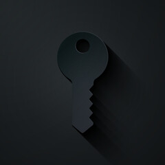 Paper cut House key icon isolated on black background. Paper art style. Vector