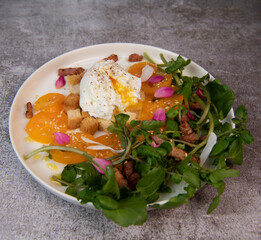 Recipe Poached Eggs, Watercress Salad, Tomatoes and Croutons, Raspberry Vinegar, High quality photo