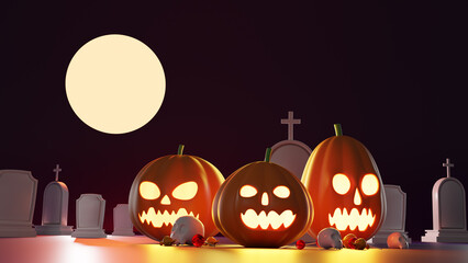 3D rendering of Pumpkins, skulls, candies are in the graveyard in the midst of the full moon on Halloween night.