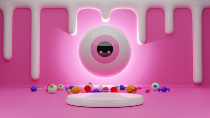Halloween product podium display with eyeballs and sweet candy on pink background. 3d rendering design
