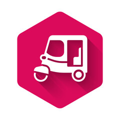 White Taxi tuk tuk icon isolated with long shadow. Indian auto rickshaw concept. Delhi auto. Pink hexagon button. Vector