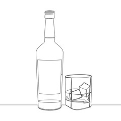 Continuous line drawing Bottle and glass of whiskey with ice icon vector illustration concept