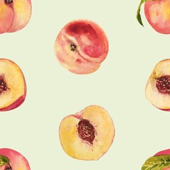 Watercolor peach slices pattern seamless. Juicy fresh fruit design for food printed design