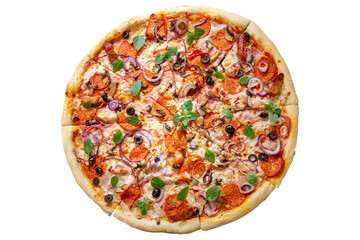 pizza with bacon, mushrooms, salami and vegetables isolated on white background