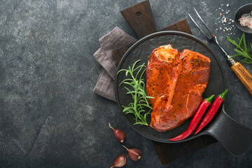 Raw steak t-bone or porterhouse. Steak t-bone or porterhouse in sauce with spices, salt and...