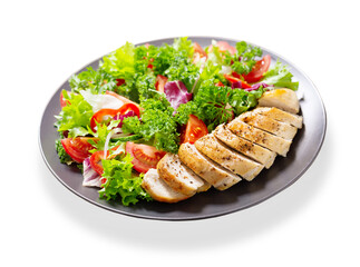 plate of salad with chicken and vegetables on white background