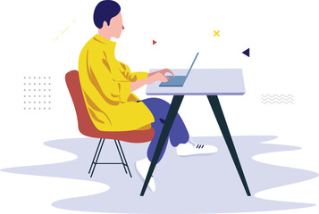 Happy freelancer with a computer at home or office young man sitting in a chair and using a laptop illustration