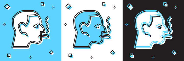 Set Man smoking a cigarette icon isolated on blue and white, black background. Tobacco sign. Vector
