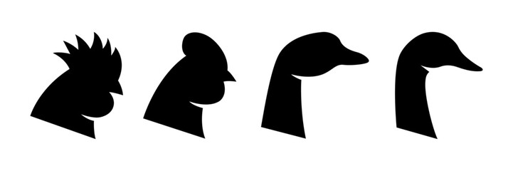 Farm birds head set. Duck, Chicken, Rooster, Goose head silhouettes. Farm animal black icons isolated on white background.