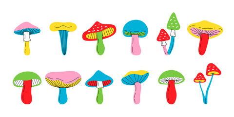 Set of mushroom sketch. Poisonous and edible mushrooms colored banner. Organic different mushrooms. Chanterelle, truffle, honey agarics, morels.