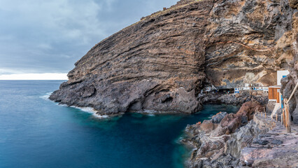 Pirate's cave wide panorama long exposure on Canary island, Spain