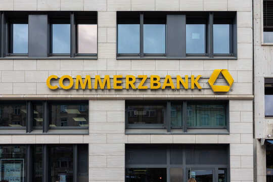 Commerzbank bank sign in the town center of Frankfurt