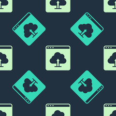 Green and beige Cloud upload icon isolated seamless pattern on blue background. Vector