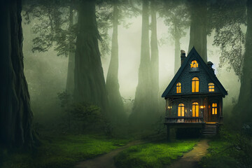 Fairy tale little cottage in magical forest - obrazy, fototapety, plakaty