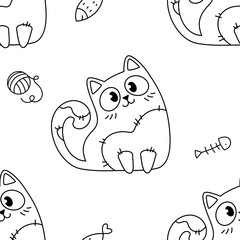 Coloring book. The kittens are sitting. Pattern with cute cartoon cats, funny children's print with pets. Vector illustration