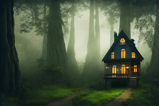 Fairy Tale Little Cottage In Magical Forest