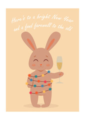 A cute little rabbit wrapped in a garland with lanterns smiles and holds a glass of champagne in its paw. Wish inscription. New Year card, 2023 - Year of the Rabbit, Christmas. greeting card
