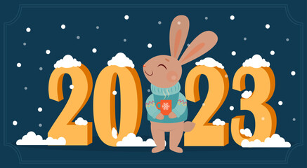 A cute contented rabbit in a sweater stands under the snow and holds a cup of hot drink in his hands. New Year's illustration. Chinese New Year. 2023 Year of the Rabbit.