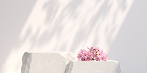 Cosmetic background. stone podium and cherry blossom with nature light shadow white background. for branding and product presentation. 3d rendering illustration