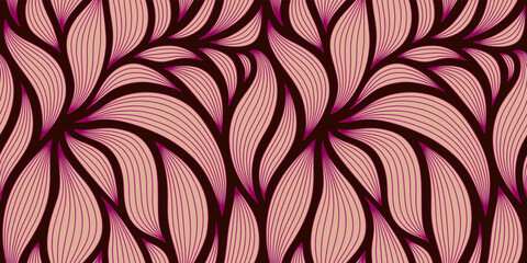 Luxury seamless floral pattern with striped leaves. Elegant astract background in minimalistic linear style.
