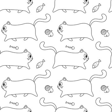 Coloring book. Pattern with cute cartoon cats, funny children's print with pets. Vector illustration