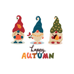 Fototapeta premium Happy autumn handwritten phrase.Hand lettering and colorful illustration of cute gnomes as card, poster, emblem, banner for holidays. Seasonal greetings. Autumn mood. Vector brush calligraphy