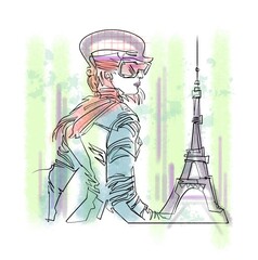 fashion illustration - profile of a beautiful young woman in aviator glasses, 1930's style, leather jacket, side view against eiffel tower, concept