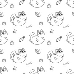 Coloring book. The kittens are lying down. Pattern with cute cartoon cats, funny children's print with pets. Vector illustration