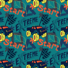 Fototapeta na wymiar Abstract seamless cars pattern for boy on background. Childish style wheel auto repeated backdrop