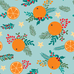 Vector seamless pattern with winter plants and oranges. Christmas and Happy New Year background with christmas flowers, needles, poinsettia, mistletoe, holly leaves,  branches with berries.