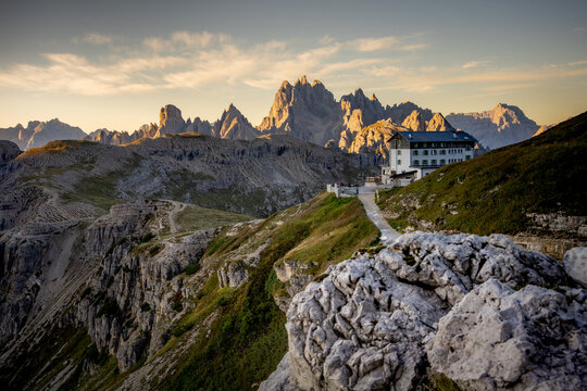 Rifugio Auronzo at sunrise Hiking trail to the Drei Zinnen H&uuml;tte in the Dolomites in South Tyrol, Italy.