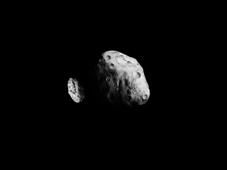 two large asteroids with craters in space, asteroid with satellite