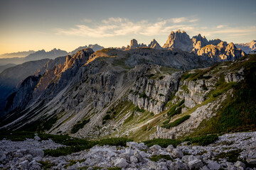 Rifugio Auronzo at sunrise Hiking trail to the Drei Zinnen Hütte in the Dolomites in South Tyrol, Italy.