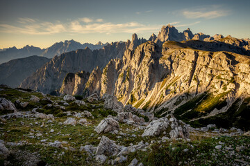 Rifugio Auronzo at sunrise Hiking trail to the Drei Zinnen Hütte in the Dolomites in South Tyrol, Italy.